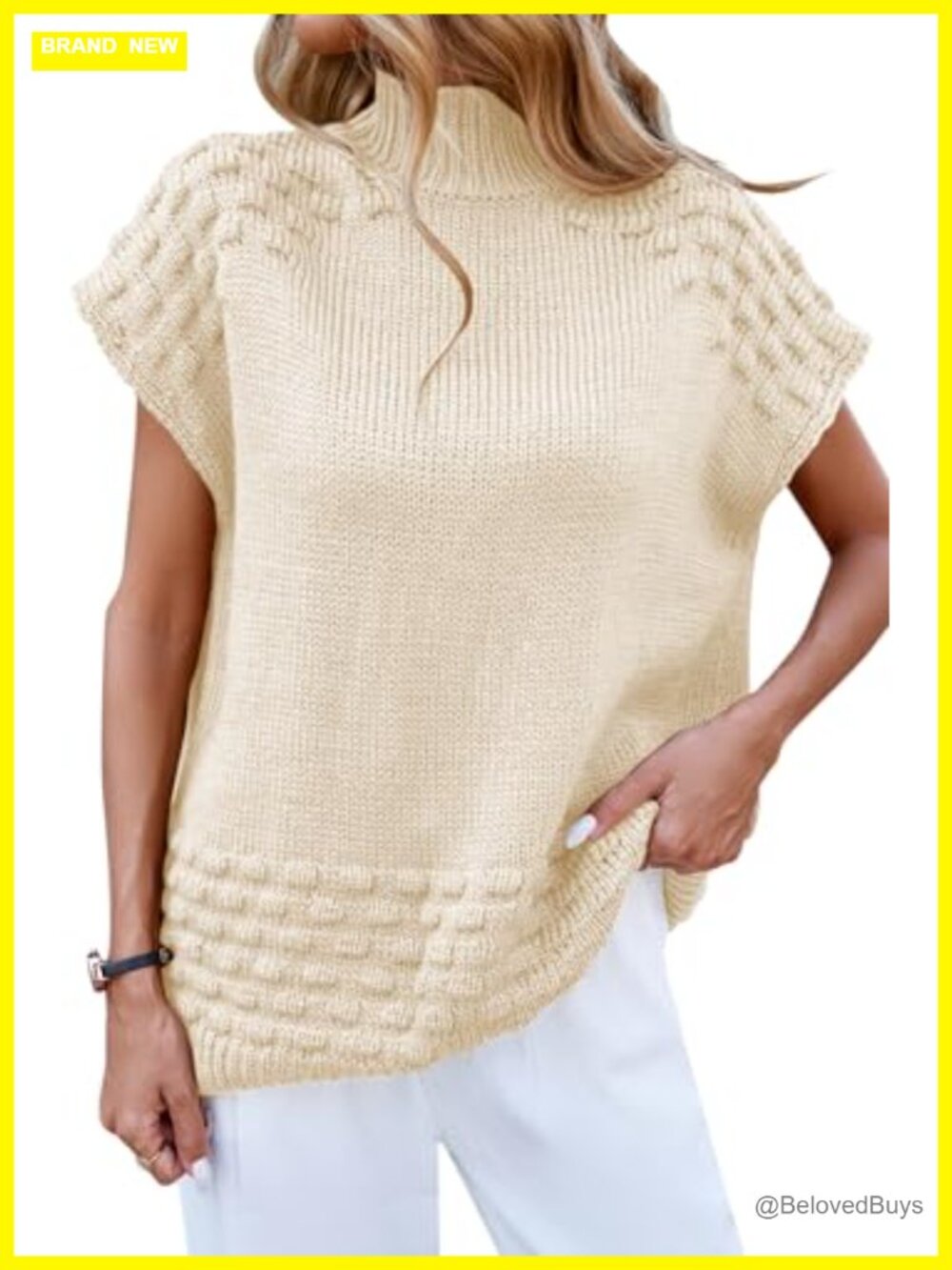 Oversized Mock Neck Sweater Vest Cap Sleeve Knit Pullover Women's